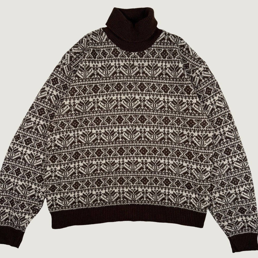 Vintage Barclay Brown Fair Isle Turtleneck Sweater Mens Large Acrylic Knit